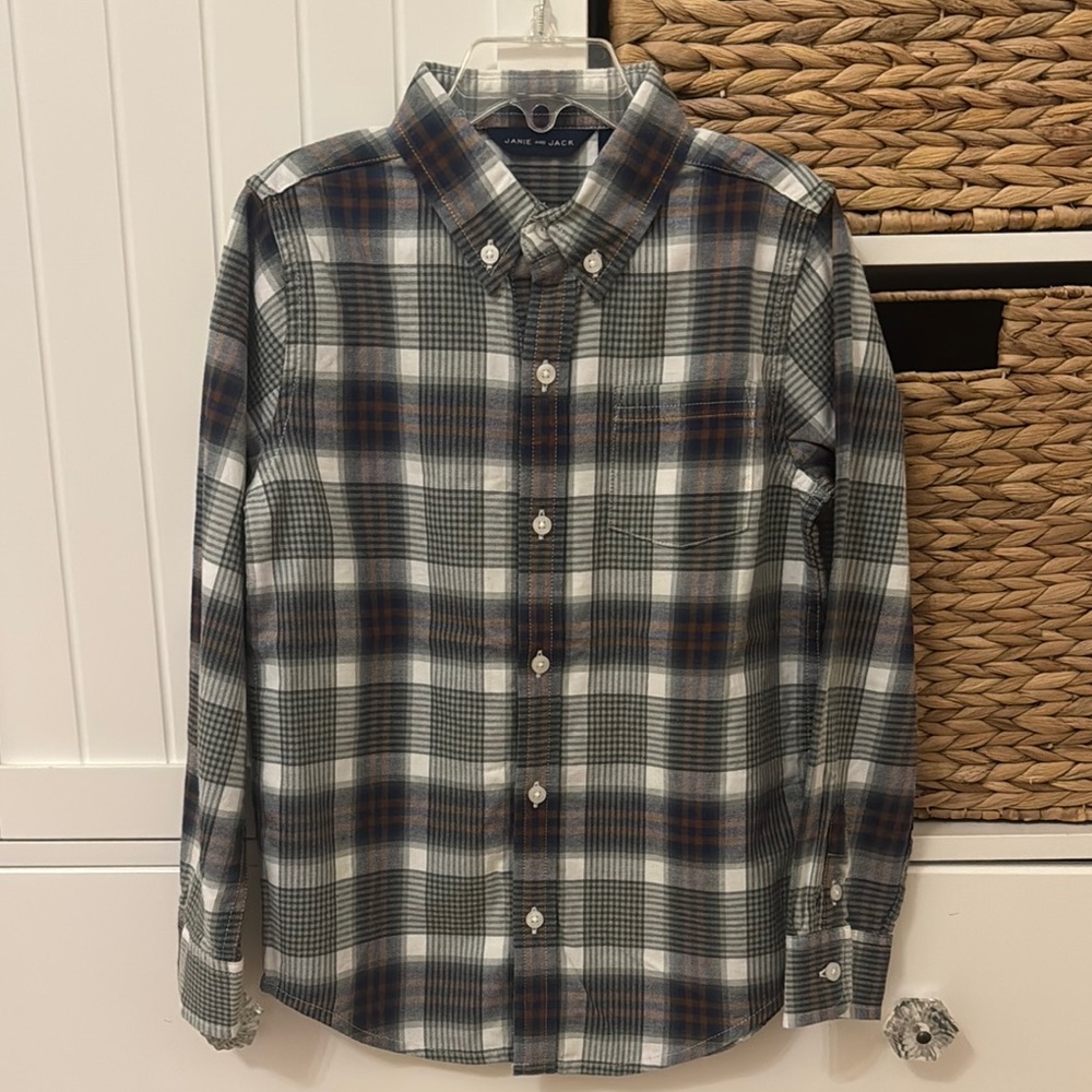 NWT Janie and Jack Boys Green Plaid light flannel Button-Down Shirt sz 6